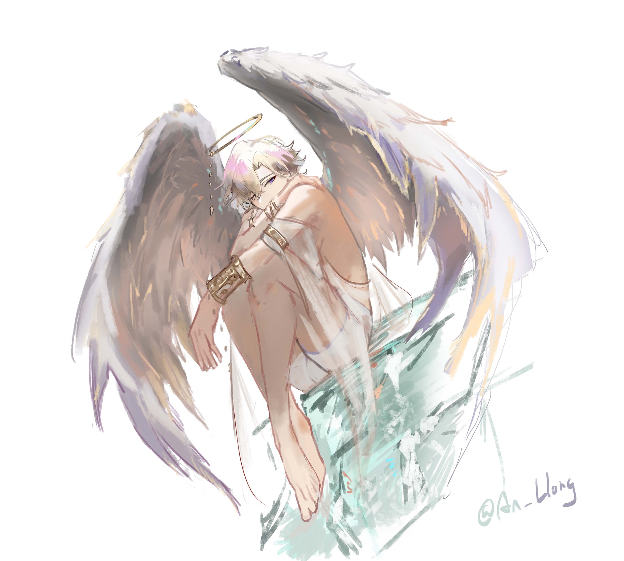 the image is a digital painting of a male angel with large, feathered wings. he sits in a contemplative pose on what appears to be a crystalline or icy structure. he is lightskinned and has fair hair. a golden halo floats above his head. he wears a golden arm cuff. the artwork is rendered in a soft, ethereal style with muted colors.