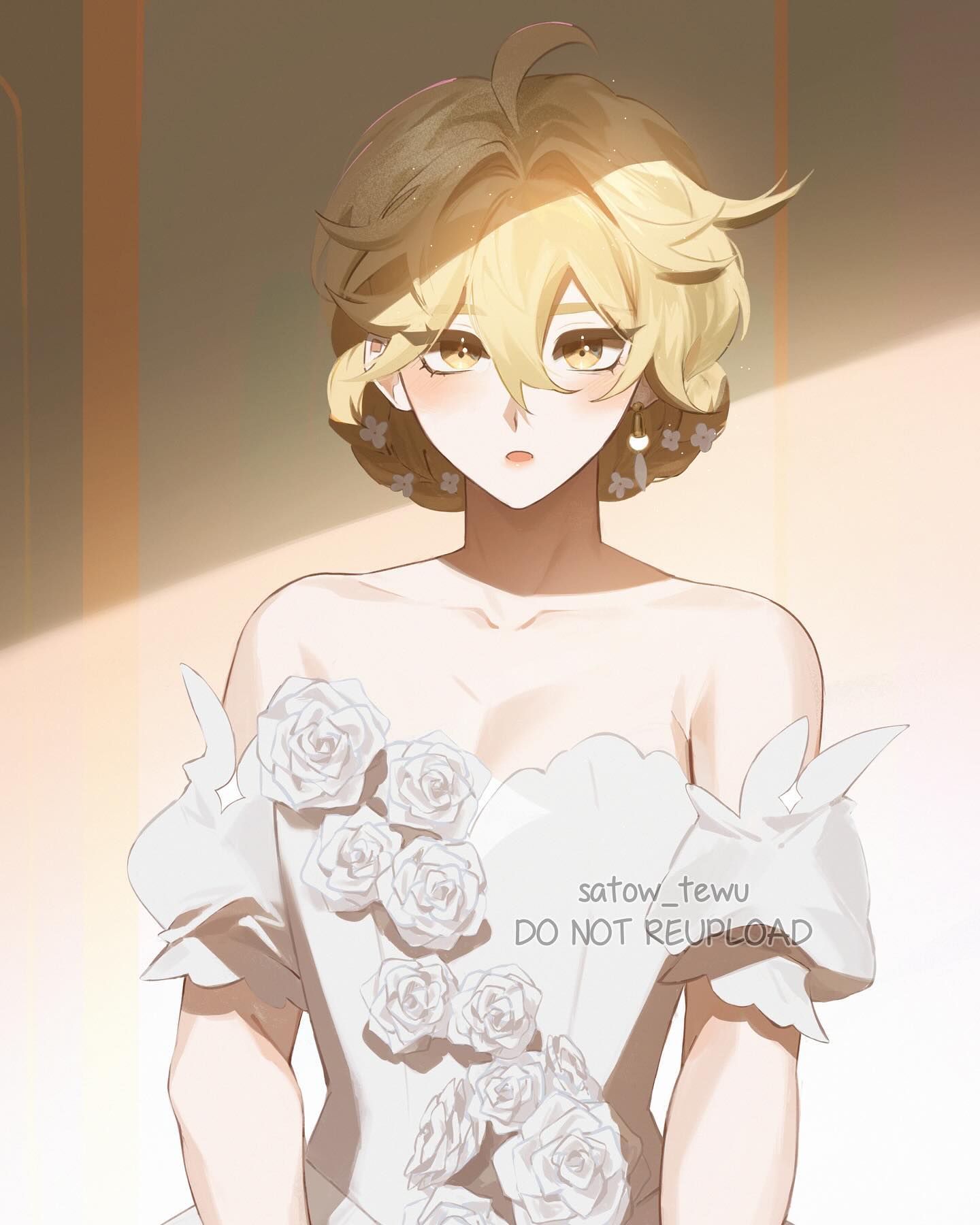 an anime girl with blonde hair and blue eyes, wearing a white dress with roses on it, stands in a room with light coming in from the left. the background is a soft white. she has a slightly surprised expression on her face, suggesting she is caught off guard or excited by something offscreen. the lighting is soft and ethereal, emphasizing the romantic atmosphere of the scene.