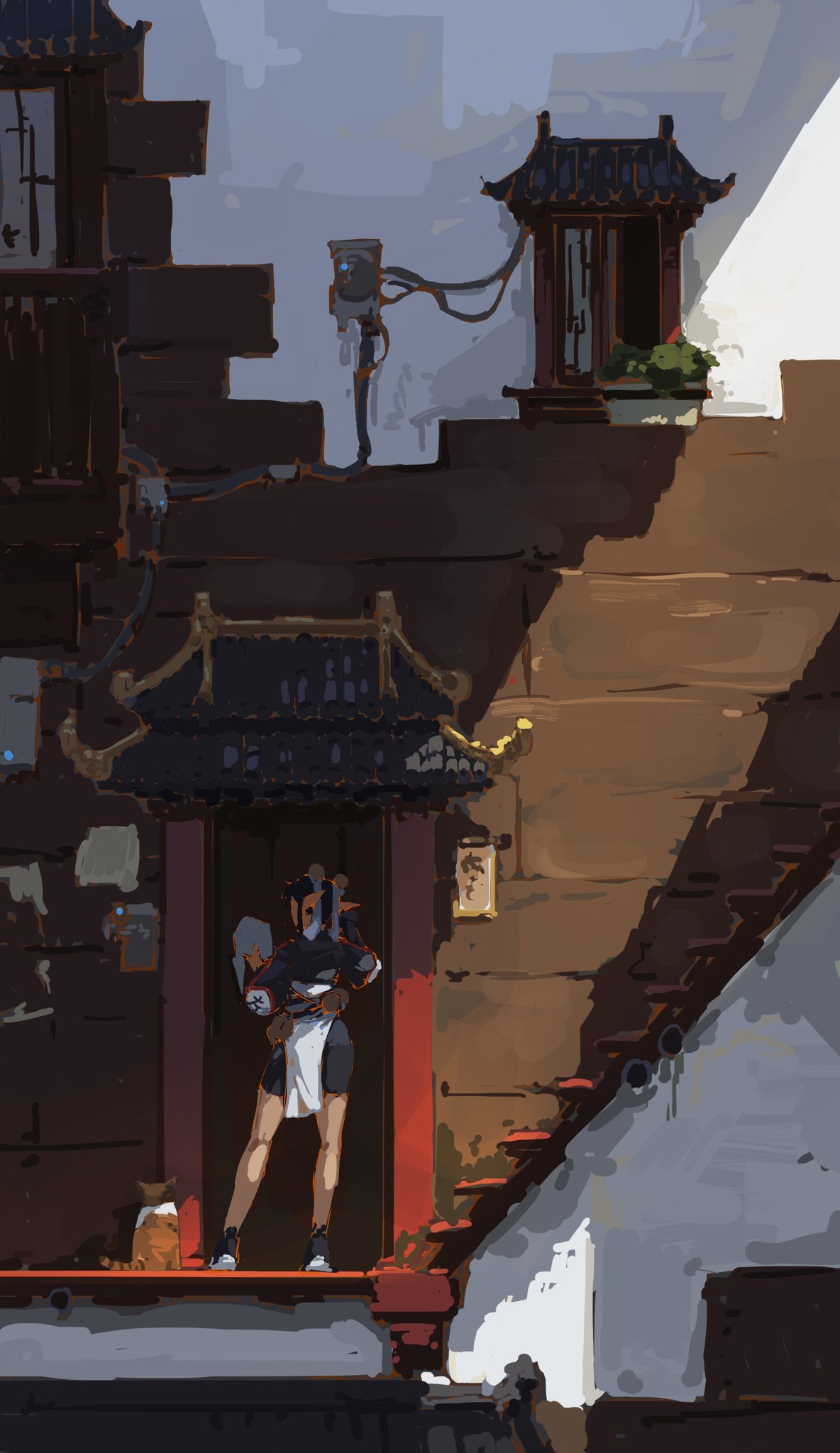 he digital painting showcases a young woman in anime style, standing in a doorway of an old, traditional chinesestyle building that is contrasted with futuristic technology such as wires and cables. the scene is set during the day, with the sun casting shadows. the woman's attire is modern yet fits within the overall scene's aesthetic, suggesting a blend of old and new. a small animal, possibly a cat, is seen beside her. the building architecture is detailed, with intricate designs and textures, adding to the rich visual storytelling. the color palette is vibrant yet harmonious, with a focus on warm earth tones and cool shadows. the overall atmosphere is intriguing and mysterious, suggesting a complex narrative within the illustrated scene.
