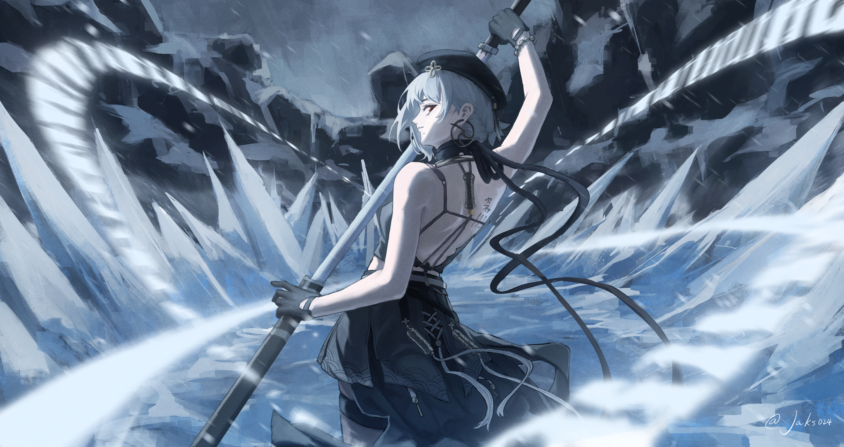 this is an anime illustration of a young woman warrior wielding a large spear in a snowy, icy environment. she is dressed in black with a flowing black and white skirt. her silver hair and bright red eyes contrast with the cold color palette of the illustration.  large ice crystals and snowy wind suggest a battle and showcase the warrior's powers.