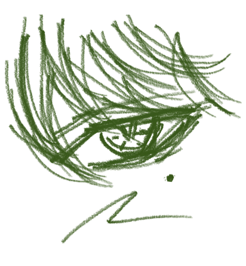 he image is a stylized drawing of a single eye, partially obscured by strands of hair. the style is reminiscent of anime or manga, with expressive lines and shading creating a sense of depth and emotion. the color palette is limited to various shades of green, giving the artwork a consistent and unified tone. the lines are loose and expressive, suggesting a quick sketch rather than a highly detailed rendering. a small, dark dot is visible beneath the eye, and a loose, sketchy line is drawn below the eye as well. the overall impression is one of simplicity and emotion, with the focus on capturing a fleeting moment or feeling.