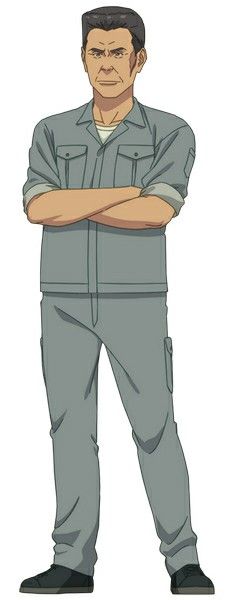 an older anime man in gray work clothes stands with his arms crossed.