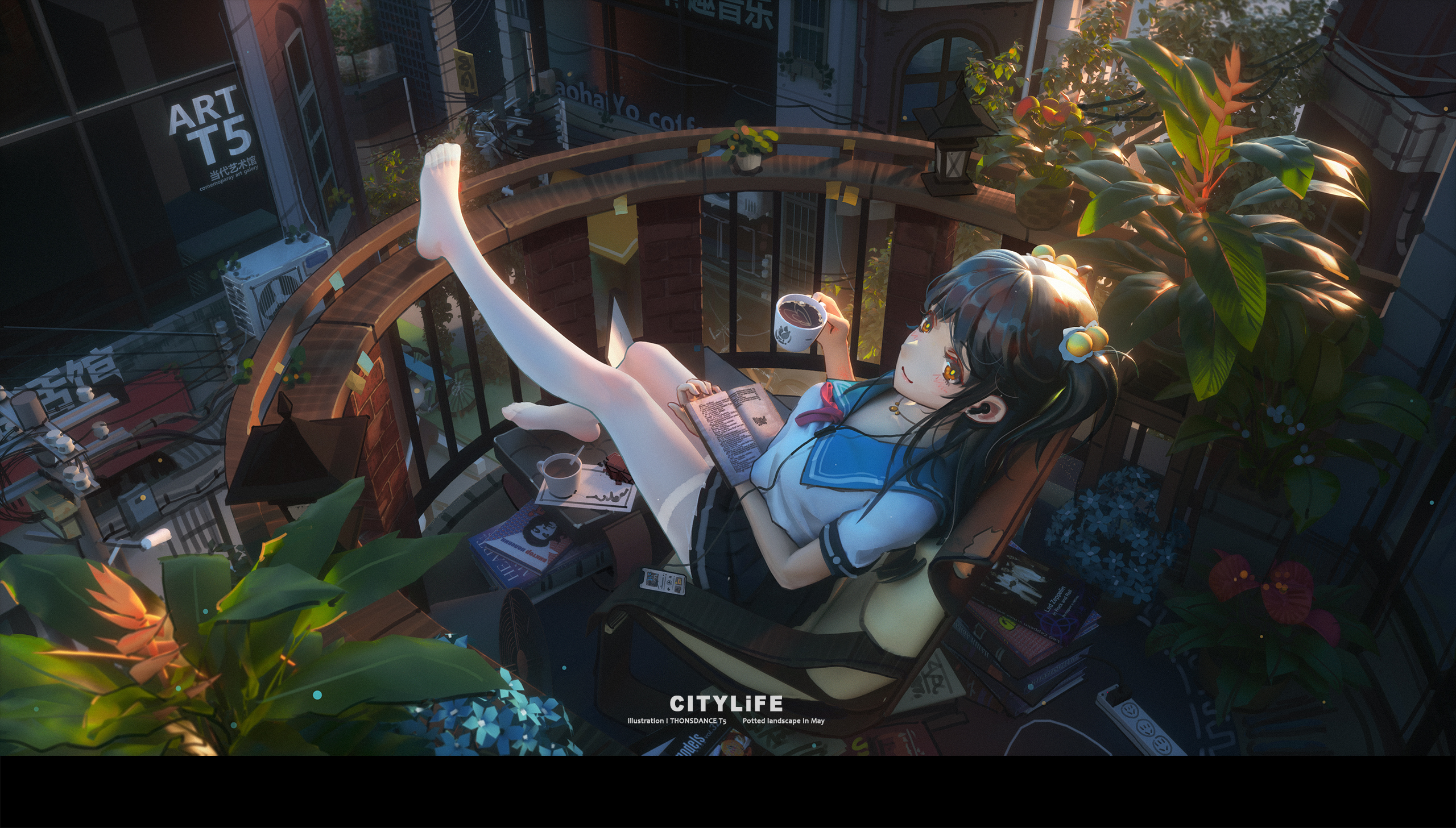 the image is a digital illustration depicting an anime girl in a school uniform sitting comfortably on a round balcony overlooking a bustling cityscape at sunset. she is wearing white tights and has her legs propped up. she's holding a cup of coffee in one hand and a book in the other.  surrounding her are potted plants, books, and other items, suggesting a relaxing and studious atmosphere. the overall style is vibrant and detailed, with a focus on light and shadow to create a warm, inviting scene. the background includes city buildings and street details.  a text label "citylife" appears at the bottom, indicating a possible title or theme.