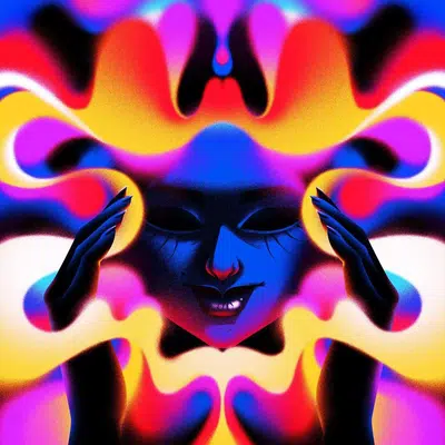 a digital art illustration featuring a woman's face surrounded by a swirling cloud of vibrant colors, creating a psychedelic and surreal effect. the woman's eyes are closed and her mouth is slightly open, suggesting a state of trance or meditation. the artwork is dominated by bright neon colors, creating a sense of energy and movement.