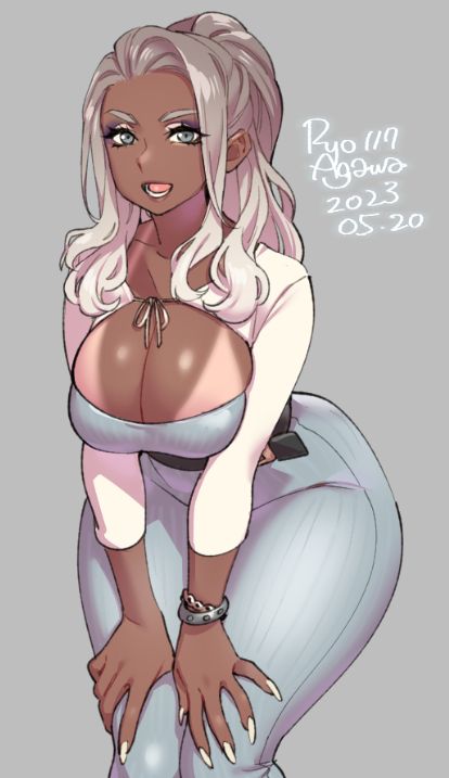 this is a digital illustration of a woman in an anime style. she is looking down with a smirk and has long white hair, dark brown skin and long nails. she is wearing a