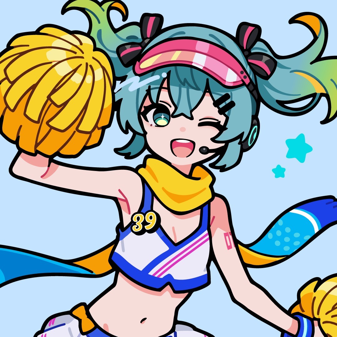 the image is a vibrant and cheerful cartoon illustration of an animestyle girl dressed as a cheerleader. she has teal hair styled in twintails with streaks of yellowgreen, and she's wearing a white and blue cheerleader outfit with the number "39" prominently displayed.  she's holding yellow pompoms, and a portion of a blue and yellow scarf drapes around her. her expression is lively and happy, with a playful wink.  the overall style is bold and colorful, with a clean line art style and bright, saturated colors. the background is a simple light blue.
