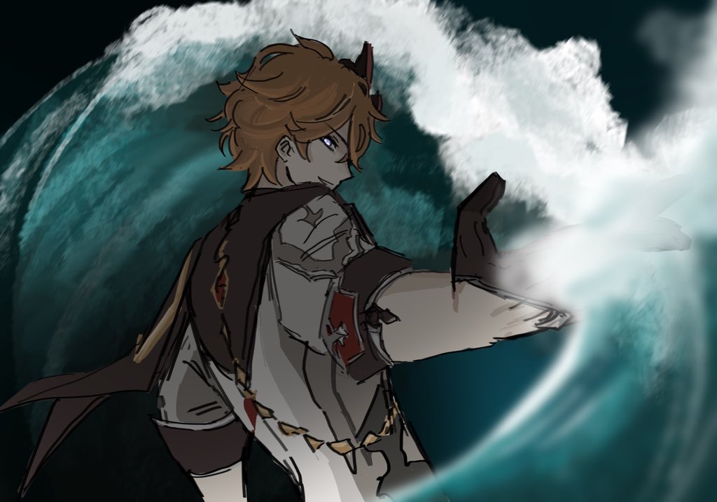a young man with orange hair and violet eyes stands with his back to the viewer, partially turned towards the left. he is dressed in an elaborate white and brown outfit with gold accents, suggesting fantasy attire. he holds his right arm outstretched, summoning a swirling wave of turquoise water that dominates the background. the dramatic backlighting illuminates the water's crest, casting the man in partial shadow. the overall scene implies the man is wielding powerful waterbased abilities.
