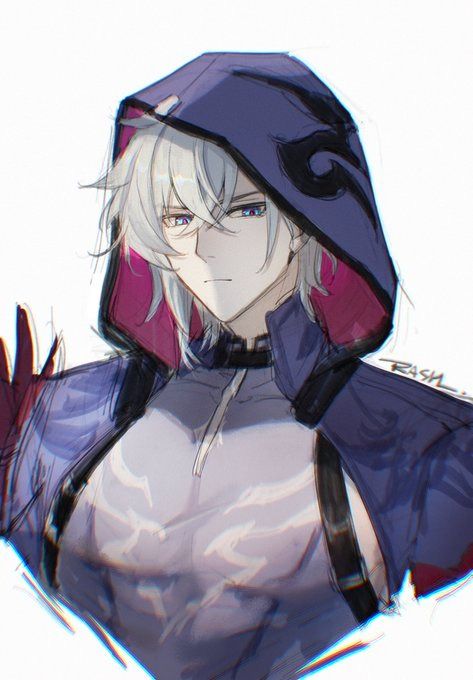 he image is a digital drawing of a young animestyle male character. he has long, white hair that falls past his shoulders, and he's wearing a hooded cloak that's primarily purple with red accents.  the hood is pulled up, partially obscuring his face, but you can see that he has light skin, purple eyes, and he's wearing glasses. his expression is serious. he appears to be wearing a lighter colored shirt underneath the cloak. the art style is soft, and the lines are somewhat loose and sketchy, giving it a painterly feel. the background is a plain white.  the overall impression is one of a stylish, perhaps slightly mysterious or brooding, character.