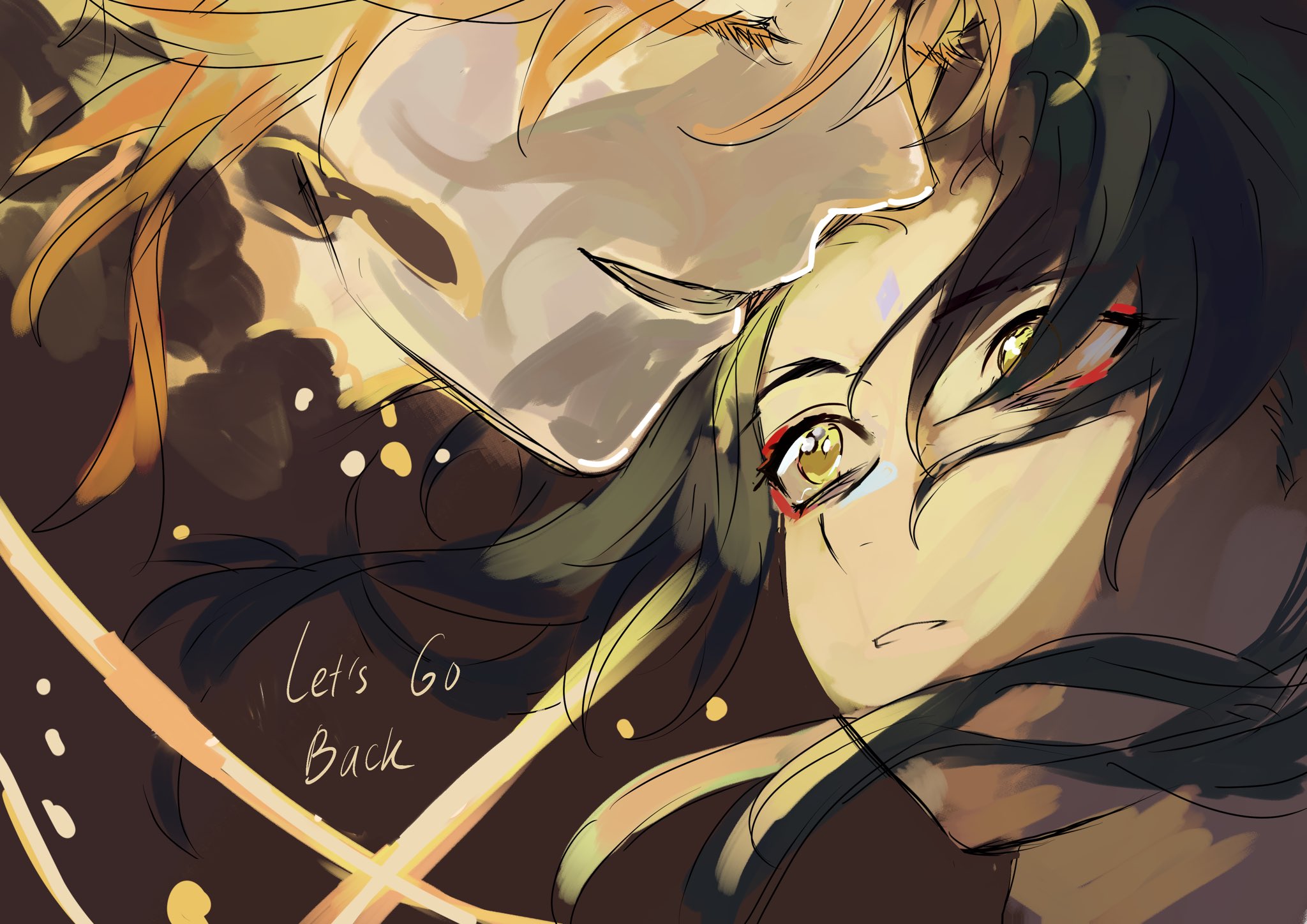 this is a digital art piece featuring an anime couple, a blondehaired man and a blackhaired woman, embracing each other. the couple's faces are very close, with the woman's head resting on the man's chest. the man's expression is soft and loving, and the woman's is filled with happiness and contentment. the image is filled with warm, soft lighting and a sense of intimacy and love. there is a light yellow glow surrounding the couple, possibly signifying their connection to one another. the text "let's go back" is present in the image, adding to the narrative of the scene. the image is drawn with a light and airy style, further emphasizing the gentle and loving nature of the couple's relationship.