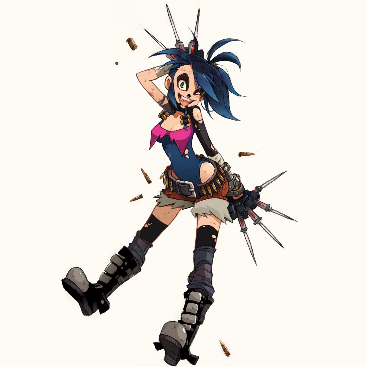 this is a dynamic character illustration of a young woman. she is dressed in postapocalyptic attire with torn clothing, combat boots, and numerous weapons including knives on her back and a belt full of bullets. her blue hair and playful pose suggest a sense of rebellious energy.