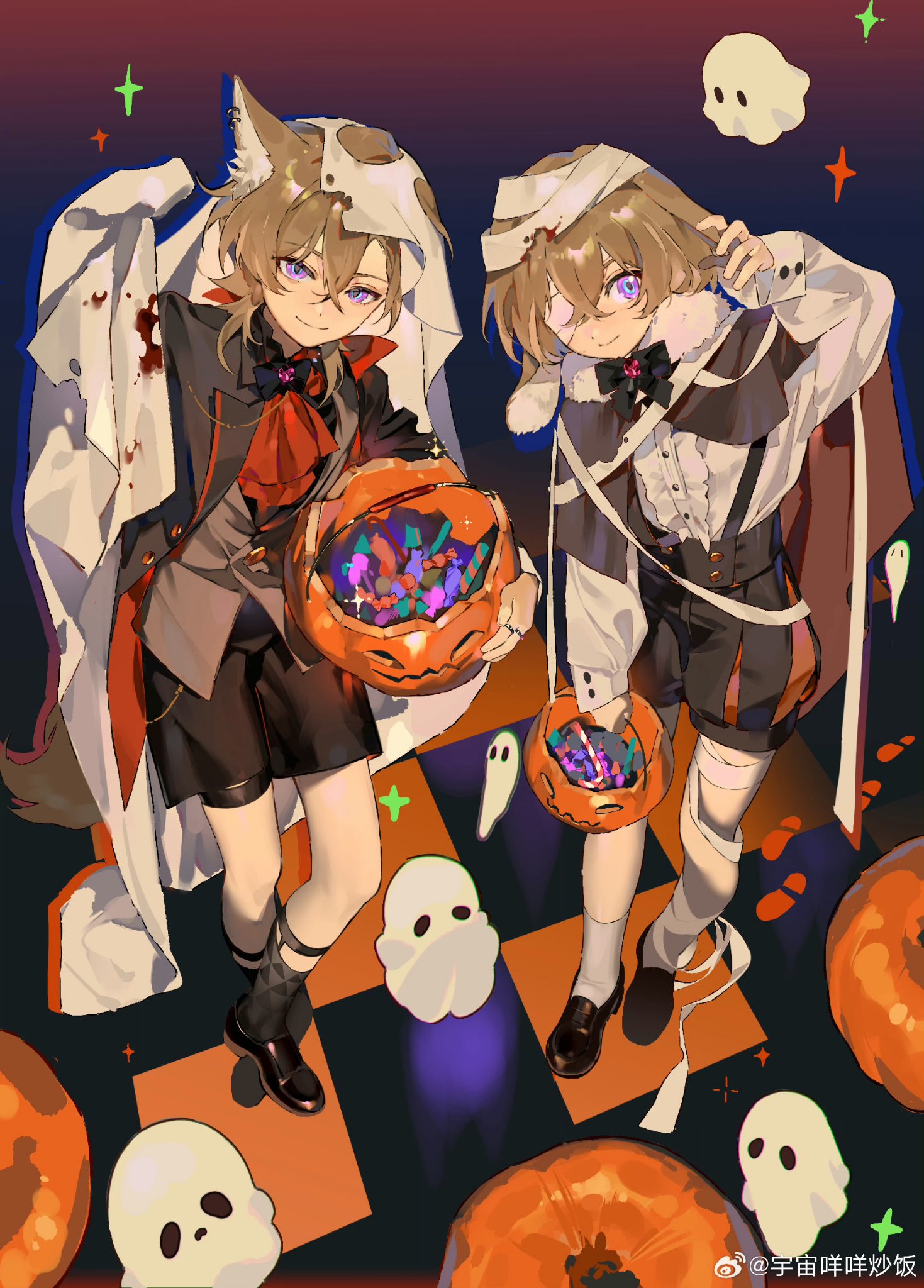 the image is a vibrant digital illustration of two animestyle twin girls dressed in halloween costumes.  one is dressed as a foxlike creature with a ghost sheet draped over her, the other is in a more mummylike bandage wrap.  both carry small pumpkins filled with candy, surrounded by ghosts and pumpkins on a checkered floor. the art style is cute and slightly spooky, fitting the halloween theme perfectly. the overall mood is festive and whimsical.