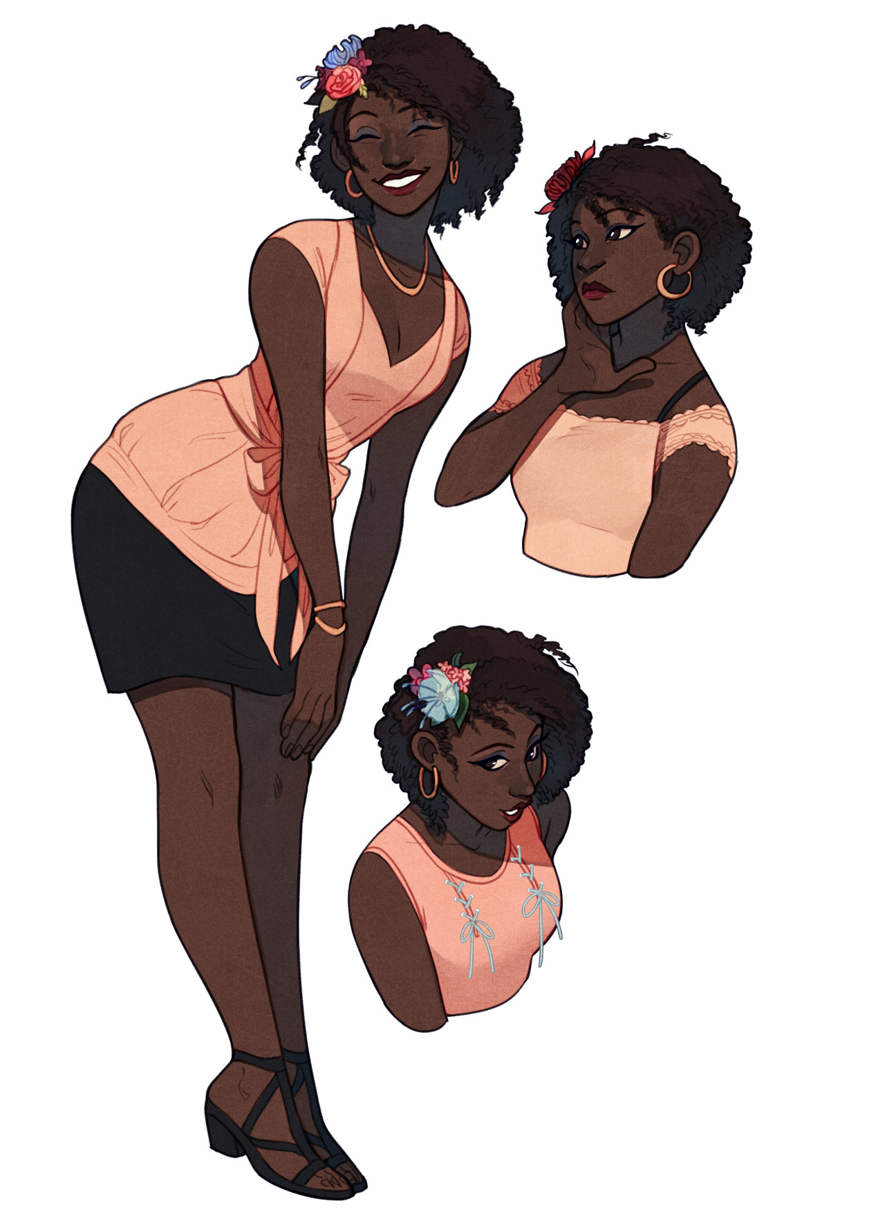 the image showcases a digital illustration of a black woman with voluminous afro hair adorned with a colorful flower crown. she is styled in a summery outfit, featuring a peachcolored wrap top, a black skirt, and strappy black sandals. the illustration features three distinct poses: a fullbody pose with the woman leaning forward, a 3/4 bust shot where she's touching her face, and another 3/4 bust shot with her head tilted. the artwork is set against a clean, white background, highlighting the character and her vibrant attire.