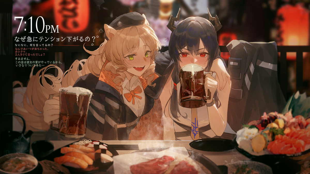 the image shows two anime girls sitting at a table in a japanese restaurant. one girl has blonde hair with cat ears and is wearing a black jacket. the other girl has black hair with horns and is wearing a white shirt and black jacket. both are drinking beer from large mugs. the table is set with various dishes, including steak, sushi, and sashimi. the atmosphere is relaxed and friendly. the time is 7:10 pm, indicated in the upper left corner.  japanese text overlays part of the image.