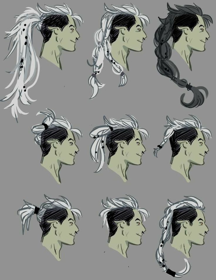 this image is a drawing of an elf character design. there are nine different variations of hair styles, all with similar facial features and the same green skin tone. the hair is a combination of gray and black, with some variations incorporating braids, ponytails, and side parts.