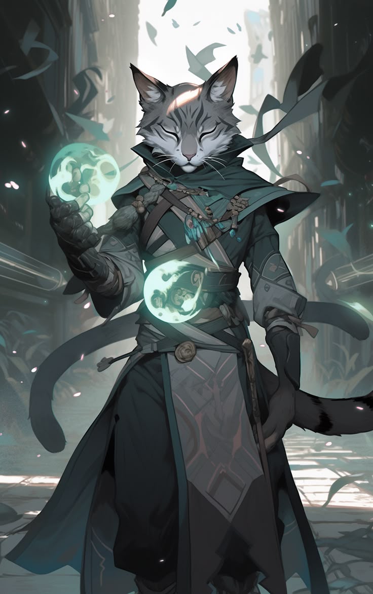 a digital painting of an anthropomorphic cat mage wearing a robe and holding glowing orbs in a fantasy setting. the cat has gray fur with black stripes, and is wearing a dark green and gray robe with a hood. he is holding a glowing orb in his left hand and another one at his waist level. he is holding a staff in his right hand. the background is a hazy mix of gray, green, and white, with abstract shapes suggesting an urban environment.