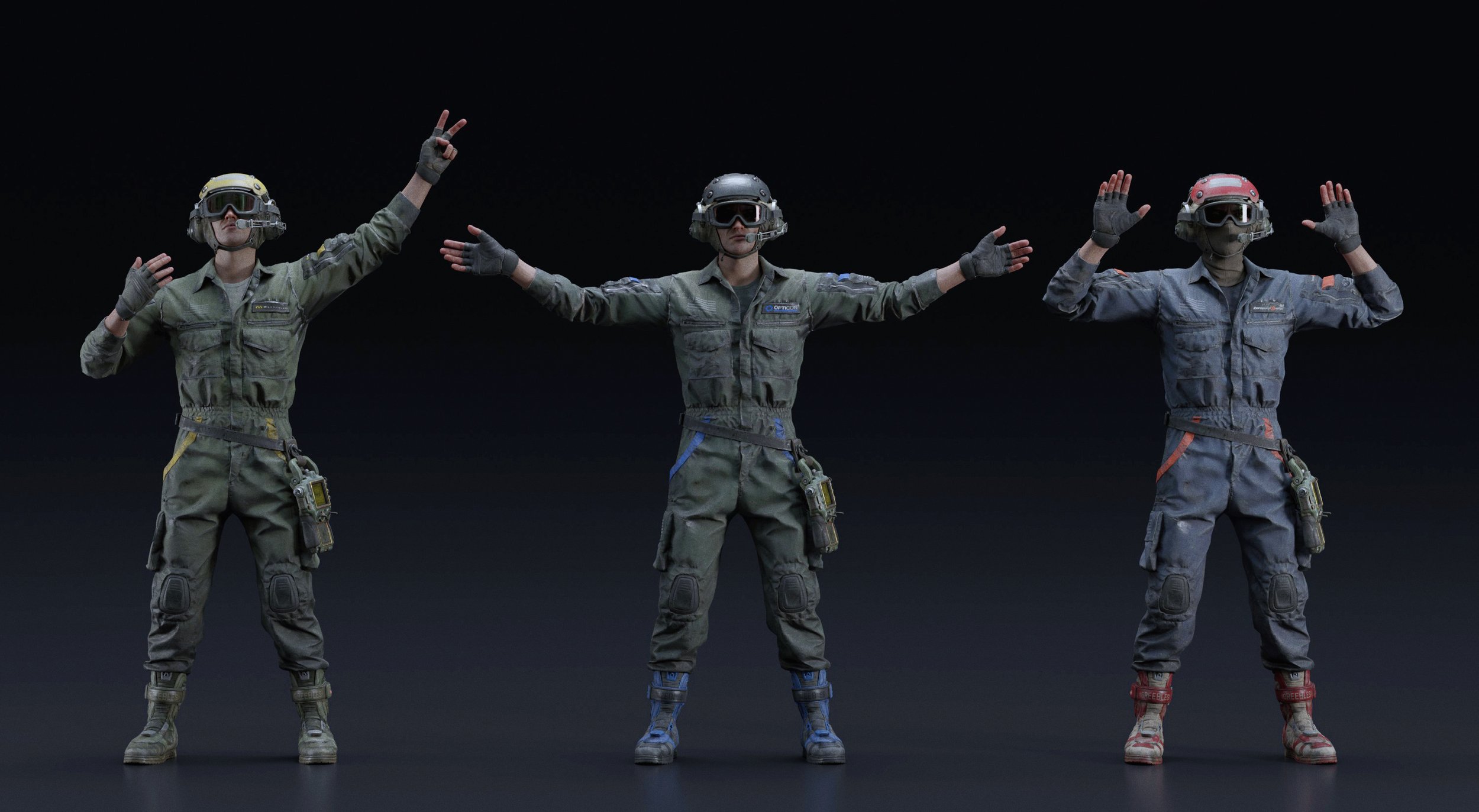 the image showcases three 3d renders of a video game soldier character, each in a different uniform and pose.  the character on the left is in a relaxed pose with one hand up in a peace sign gesture, wearing a greenishgray jumpsuit and tactical gear. the center character stands with arms outstretched, exhibiting a more open and welcoming pose, their uniform a dark grayishgreen with blue accents. the character on the right is also in a more relaxed, yet still slightly actionoriented pose, sporting a dark blue jumpsuit with orange highlights. all three characters wear helmets and goggles, suggesting a tactical or combat setting. the background is uniformly dark, highlighting the characters and their equipment. the overall style is realistic, suggesting a high level of detail in the 3d modeling and rendering.
