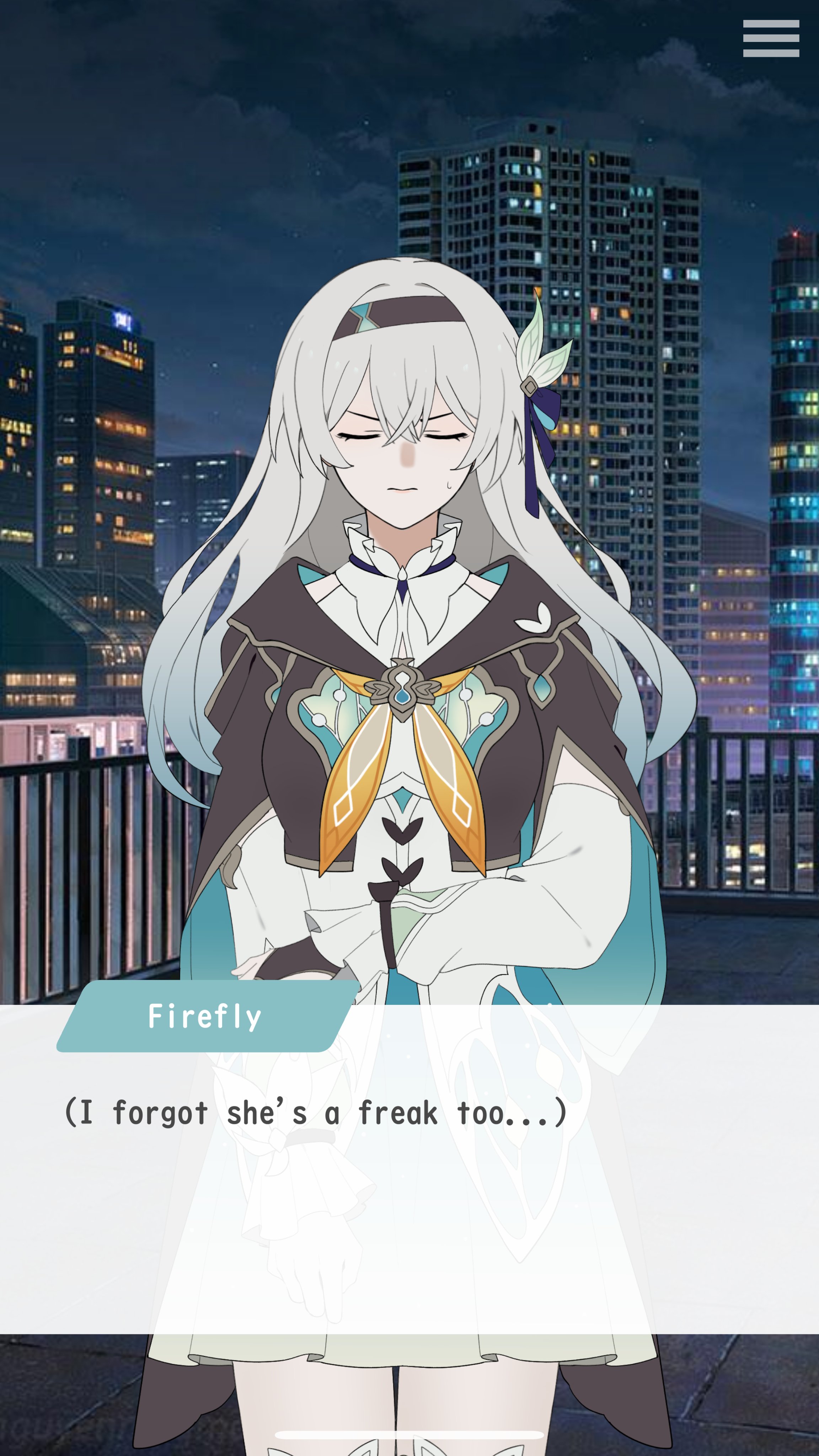 an anime style girl with long white hair and blue eyes is smiling as she looks towards the camera, she is wearing a white and black dress,  and is standing in front of a city at night. the city has tall buildings, and is illuminated by streetlights.