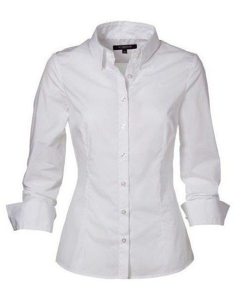 a white collared shirt with long sleeves and cuffs is shown. the shirt is buttoned up, and appears to be formal wear.