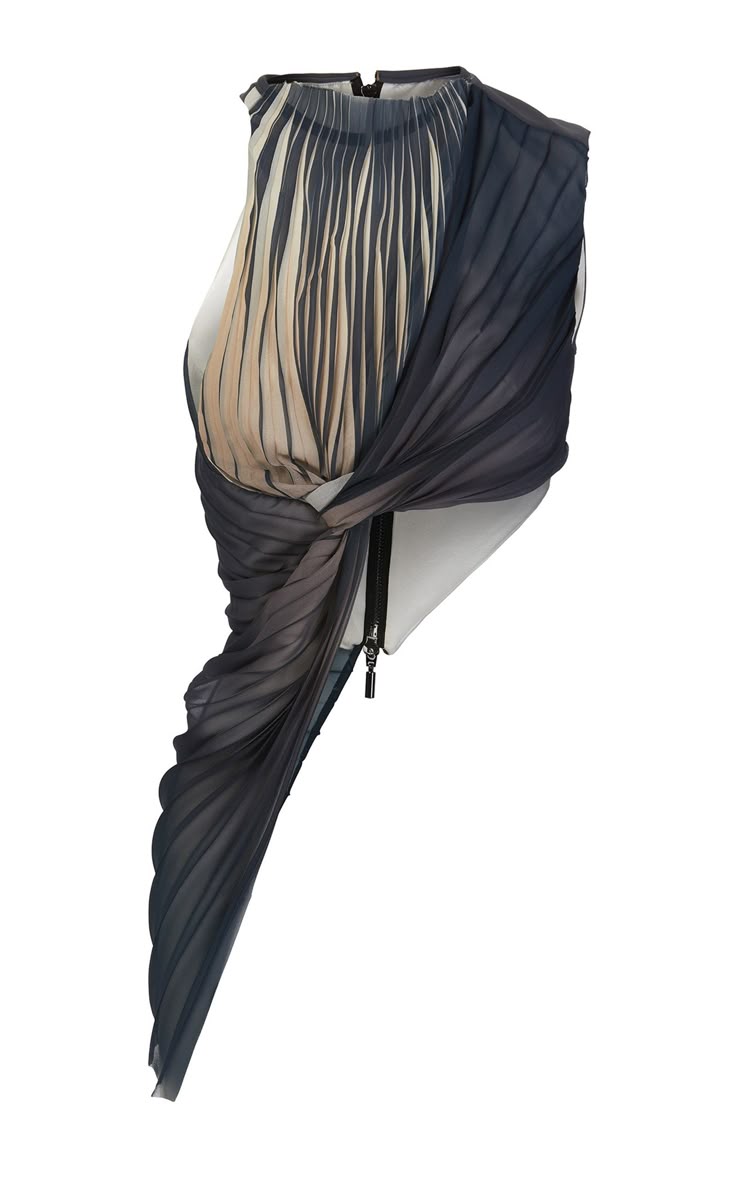 a closeup shot of a blouse with a unique, draped design. the blouse features pleats and an interesting knot detail in the fabric. the colors are a mix of light and dark tones, creating a gradient effect.