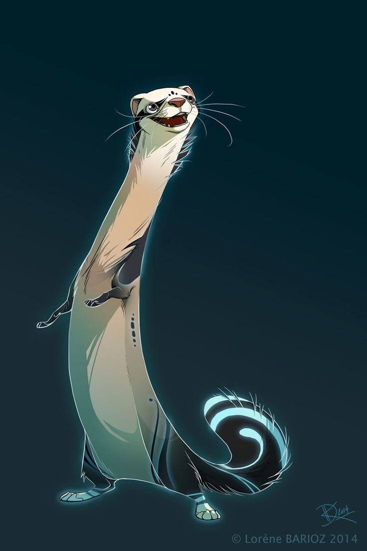 a digital illustration of a cartoon ferret standing on its hind legs and looking up. the ferret is mostly tan and white with black markings on its back, legs, and tail. its tail is curled and has bright blue stripes that glow. the ferret has long whiskers and a bright expression. the background is dark teal. the artist's signature and year are in the bottom right corner.