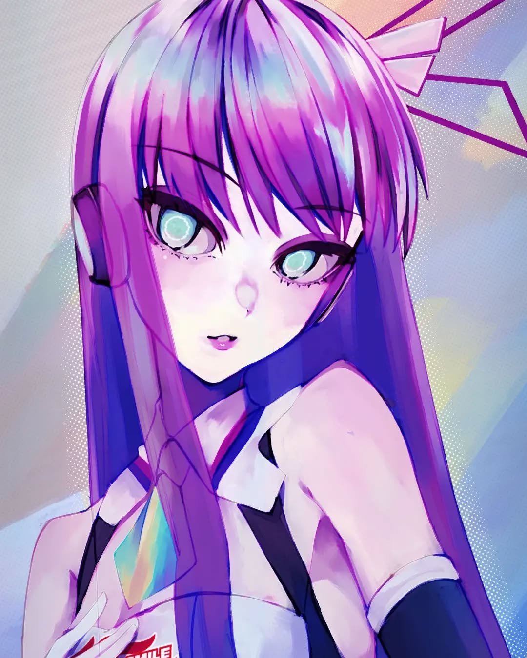 the image is a digital illustration of a young animestyle girl. she has long, vibrant purple hair, glowing lightblue eyes, and is wearing a futuristiclooking outfit with hints of rainbow coloring on her chest piece.  the art style is highly stylized with a focus on bright, saturated colors and a smooth, almost painterly quality. the background is a blurred wash of pastel blues and purples, complementing the girl's outfit and hair.  her expression is somewhat demure and she seems to be looking slightly away from the viewer.  the overall aesthetic evokes a sense of fantasy and electronic music.