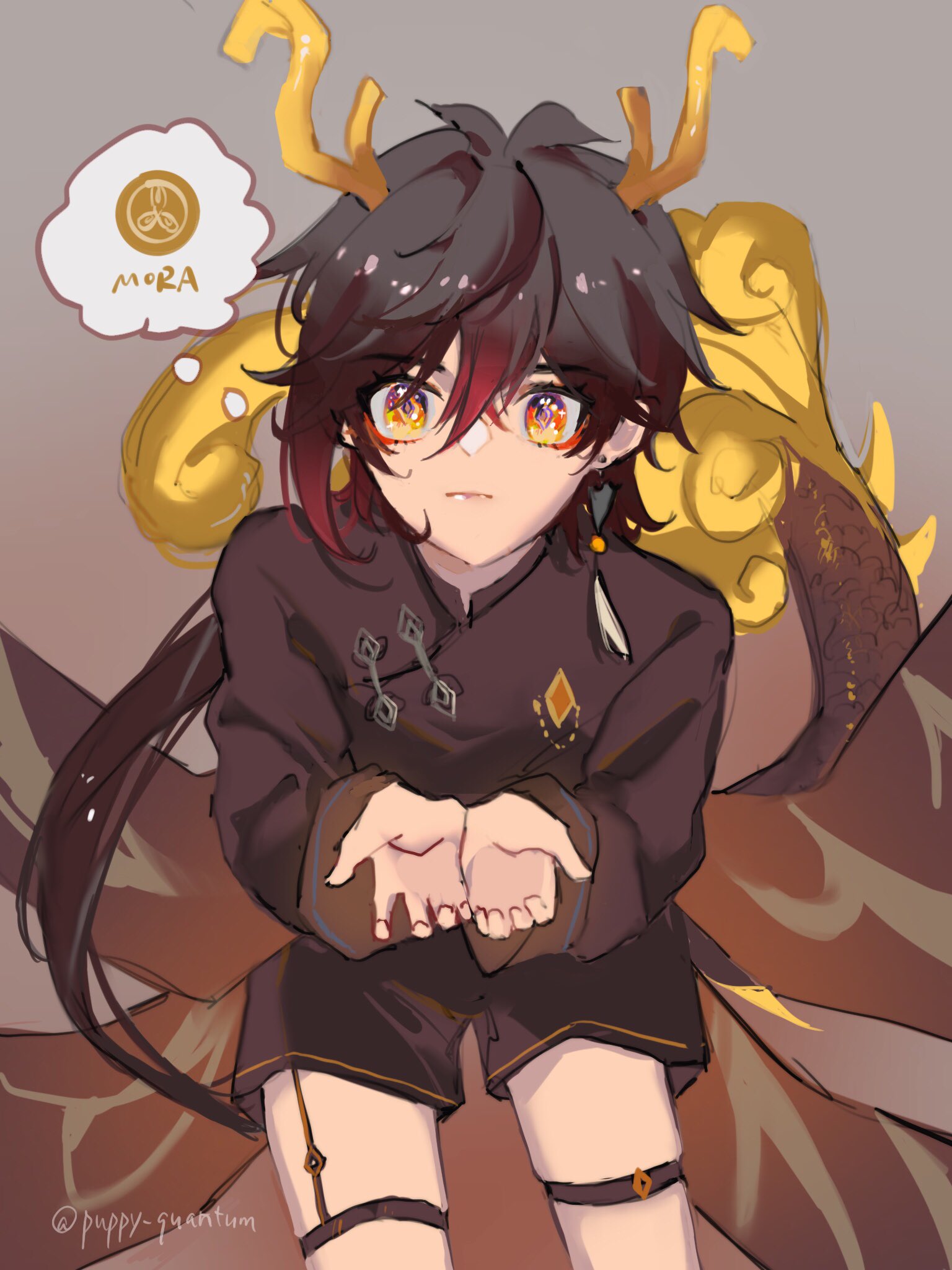 an anime character with long black hair, red highlights, and gold antlers.  she is wearing a black outfit with gold trim. she is holding her hands out in a begging gesture with the word mora in a thought bubble above her head.