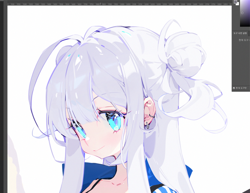the image is a closeup digital painting of an animestyle girl. she has long, flowing white hair styled in loose buns, bright blue eyes, and is wearing a garment with a sailorstyle collar. the art style is soft and delicate, utilizing pastel colors and a light, airy feel.  the overall impression is one of sweetness and innocence. the image is clearly created using digital painting software, with the clip studio paint user interface partially visible in the corner.  the ui elements are in korean.