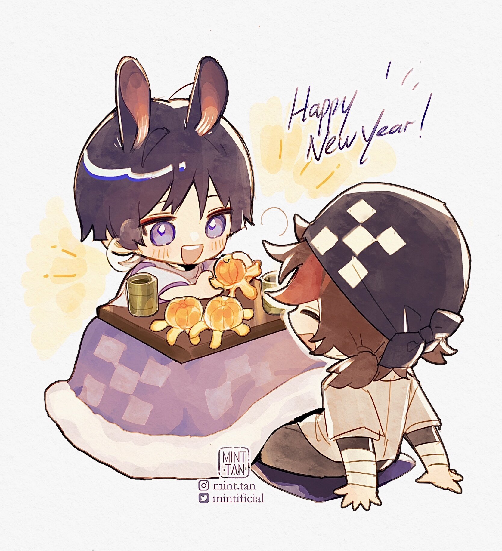 the image is a cute and festive illustration of two anime characters, a girl with bunny ears and a boy wearing a bandana, celebrating the new year. they are sitting together on a traditional japanese kotatsu, surrounded by decorations and snacks. the girl is holding a tangerine, while the boy is smiling broadly. the background features a warm and cozy atmosphere, with a message that says "happy new year!"  the image evokes a sense of joy, warmth, and friendship.