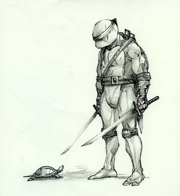 a black and white drawing of a ninja turtle standing in front of a small turtle. the ninja turtle is holding two swords. the drawing is done in a realistic style.