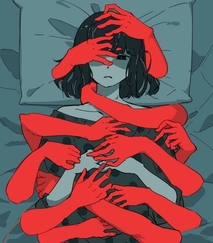 the illustration depicts an animestyle girl with short dark hair lying in bed on a pillow.  she appears sad and distressed. her body is enveloped and seemingly restrained by numerous bright red arms and hands that cover her face and torso. the overall mood is one of overwhelming anxiety, helplessness, and emotional suffering. the style is dark and somewhat surreal, with stark color contrasts between the girl's muted tones and the vibrant red of the hands. the image strongly suggests themes of mental health struggles and feeling trapped or overwhelmed.