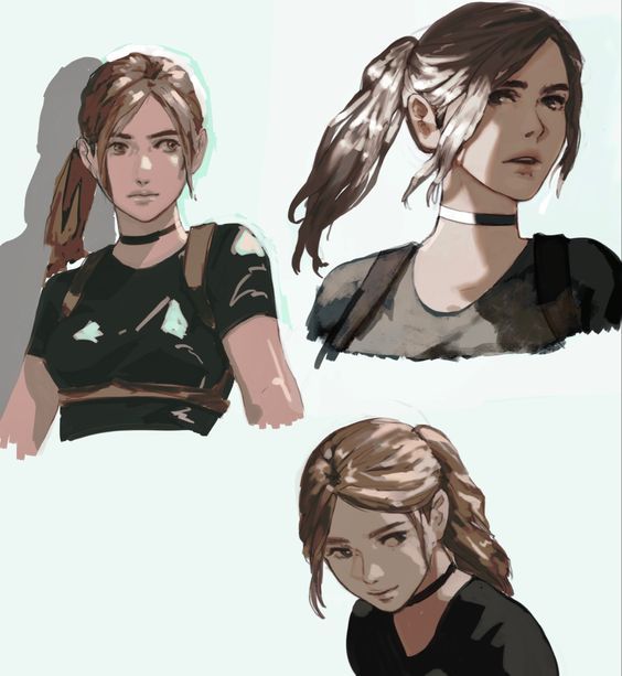 the image contains three digital paintings or illustrations of a young woman, possibly inspired by the tomb raider series' lara croft character style.  each depiction showcases the character with slightly varied hairstyles (mostly ponytails) and poses.  the art style is semirealistic, with soft shading and attention to detail in the hair and facial features. the characters are depicted in casual wear, primarily dark tops and vests. the overall feel is a collection of character studies or concept art pieces.