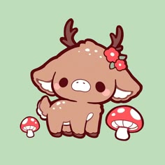 a cute, chibistyle cartoon fawn with big eyes and red flowers on its head. the fawn is standing on a green background with two redandwhite mushrooms. the fawn has a light brown body and white spots, and the mushrooms have white stems and red caps. the image is drawn in a kawaii style, which is a japanese style of art characterized by its cute and childlike characters. the image could be used as a sticker, icon, or design element for a variety of purposes, such as on clothing, stationery, or phone cases. it is very aesthetically pleasing and adorable.