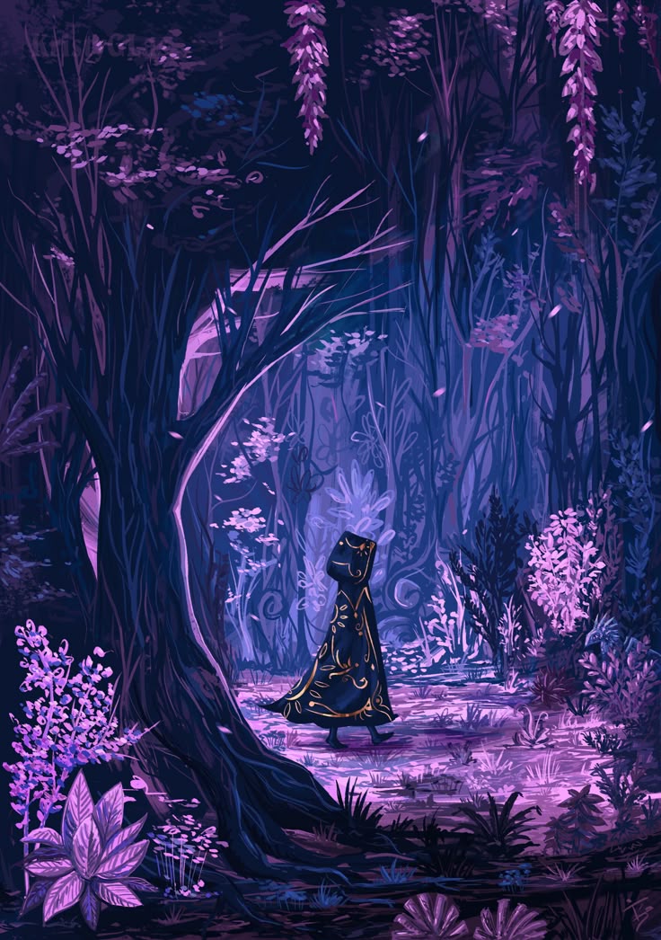 an illustration depicts a lone, hooded figure walking through a densely packed, magical forest. the forest is rendered in shades of purple and dark blue, with tall trees forming an archway. the figure wears a dark cape with intricate gold trim. foliage and flowers in various shades of purple add to the ethereal atmosphere.