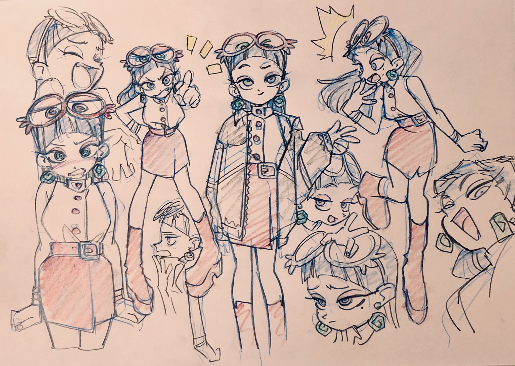 a character design sheet depicting various poses and expressions of a single female character. the style is reminiscent of anime and manga. she has short dark hair, large round glasses, and wears a variety of outfits with a consistent color scheme of red, white, and black. her expressions range from happy and energetic to annoyed and angry.