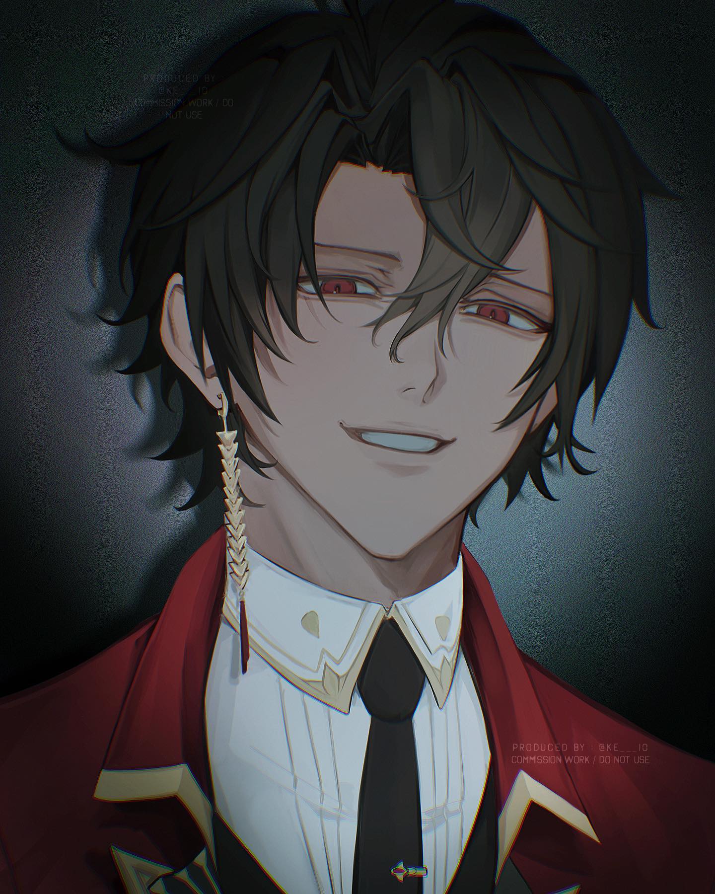 the image is a digital drawing of an animestyle male character. he has dark hair, striking red eyes, and a subtle smirk playing on his lips. the character is wearing an elegant red and white suit with gold accents, and a long, pointed earring hangs from his left ear. the background is dark, creating a sense of intimacy and drawing attention to the character's features. the lighting is soft, with subtle shadows that accentuate the contours of his face and clothing. the closeup perspective emphasizes the character's captivating expression.