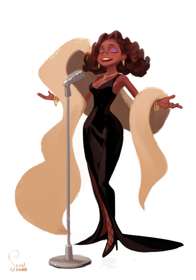 this vibrant illustration showcases a female jazz singer in full swing. she's elegantly dressed in a black gown, complemented by a luxurious cream fur stole. her arms are outstretched, embracing the spotlight as she belts out a tune into the vintage microphone. the style is reminiscent of classic jazz and blues posters, emphasizing her charisma and the joy of music.