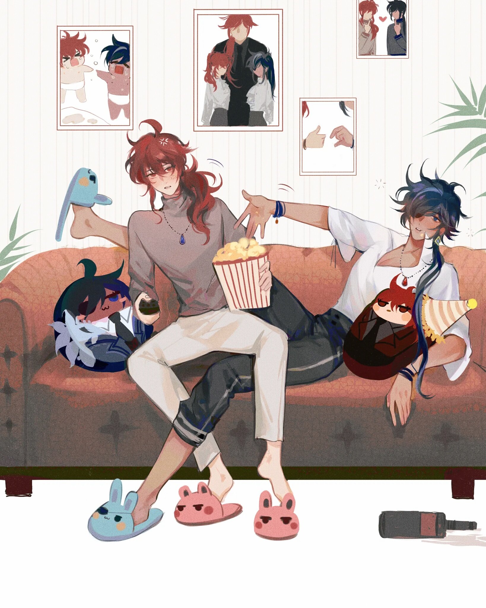 the image is a digital drawing or painting in an anime/manga style. it depicts two young men sitting comfortably on a couch, enjoying a movie night.  one has red hair and the other has blue hair. they're wearing casual clothes and bunny slippers.  between them is a bucket of popcorn. there are small chibistyle characters around them, and framed pictures on the wall suggest a playful and affectionate relationship between the main couple. the overall atmosphere is cozy and relaxed.