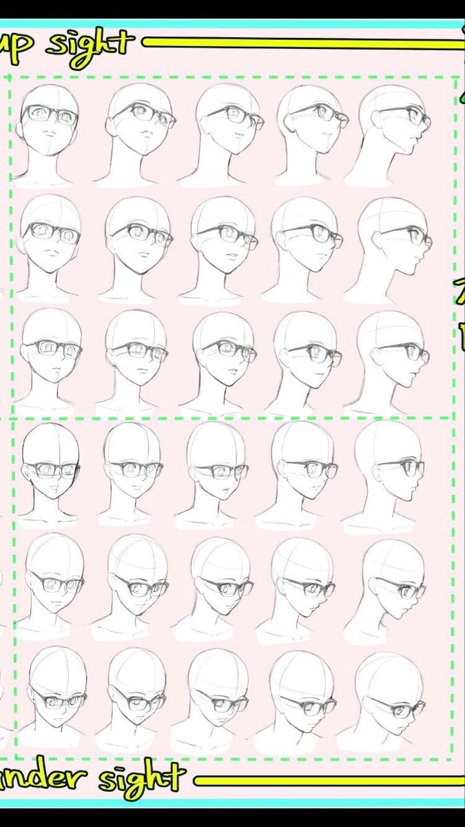 this image shows a guide for drawing different views of the eyes and glasses on a character. there are three rows, each row is labeled with the viewpoint: "up sight," "under sight," and "side sight."  each row shows the same character's face from a different perspective. each character has glasses drawn on and the eye shape is shown with a simple line sketch.