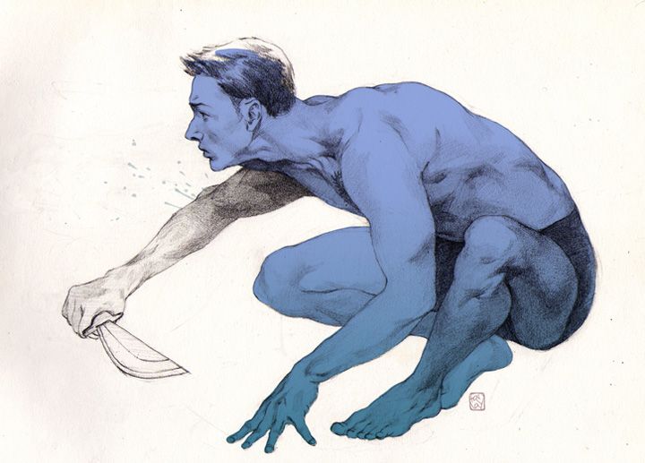 a bluetinted drawing of a man sitting on his haunches. he is holding a knife in his right hand and looking to the side. the man is nude and has a muscular build. the drawing is done in pencil and has a realistic style.