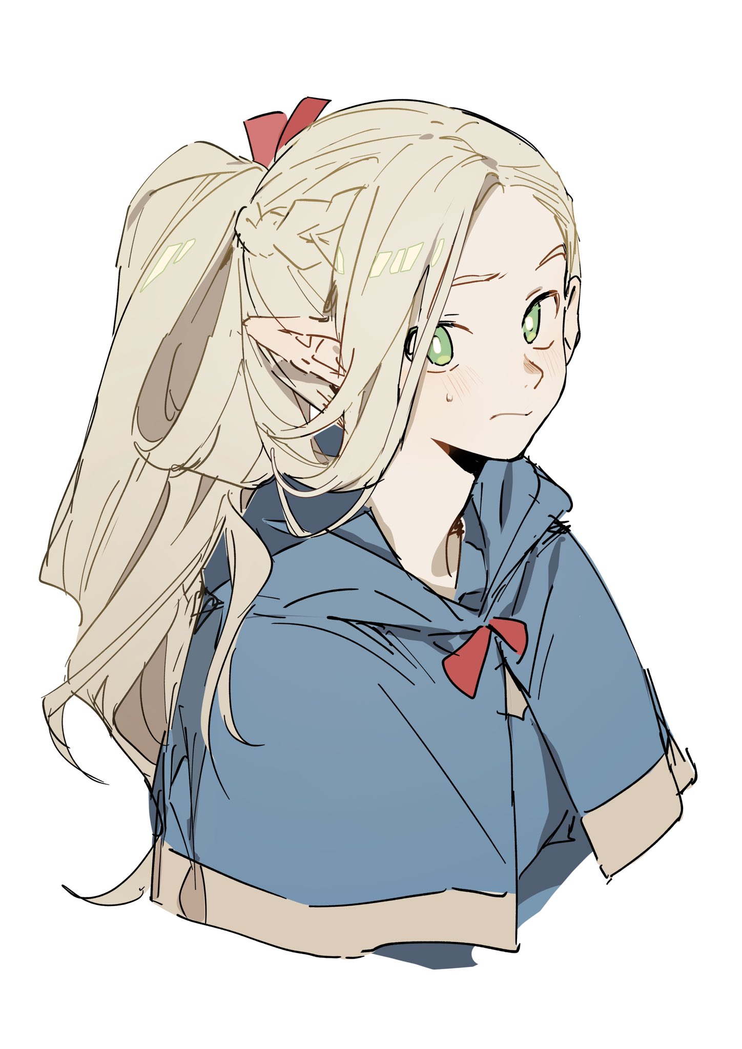 an animestyle illustration of an elf girl with pale blonde hair pulled back into a high ponytail, secured with a red ribbon. a braid detail is visible at the base of the ponytail. she has pointed elf ears and bright green eyes. she is wearing a blue hoodie with a red ribbon tie at the neckline and a light brown trim. the style of the illustration is slightly rough and sketchy, with loose linework. the background is plain white.