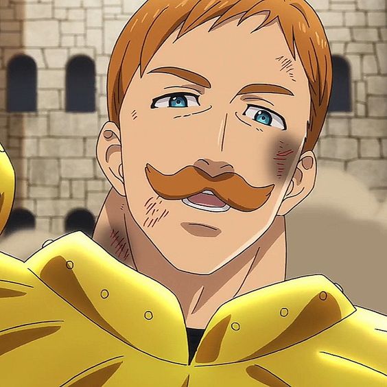 the image shows an animestyle drawing of a young man. he has reddishbrown hair, blue eyes, and a distinctive orange mustache. there are scratches and dirt marks on his face, suggesting he has been in a fight. he is wearing ornate golden armor, hinting at his status as a warrior or knight. the background is blurry, but we can see a stone wall with arched openings, likely part of a castle or fortress.  the bright, sunny lighting emphasizes the action and intensity of the scene.