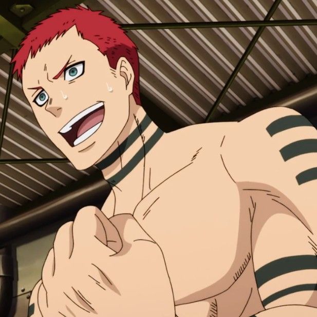an anime character with red hair and black and white stripes tattooed on his chest and arms. he is smiling and looking excited.
