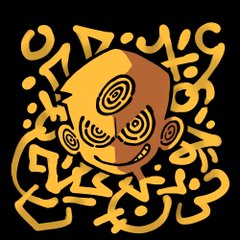 the image shows a cartoon character's face drawn in a doodle or graffiti style. the character has a yellow head with black outlines. the most prominent features are the character's eyes, which are drawn as spirals with black and yellow circles. the character is grimacing, with sharp teeth visible. the background is black, and the character's head is surrounded by abstract yellow shapes and lines, contributing to the overall doodle aesthetic.