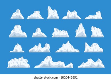 a cartoon set of icebergs in different shapes and sizes against a blue background.