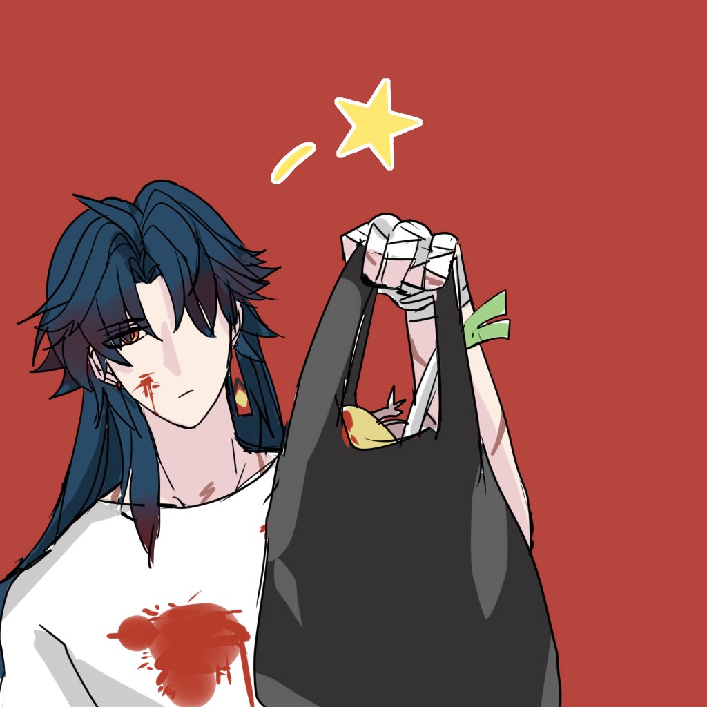 this is a drawing of a young anime boy with blue hair and red eyes. he is holding a plastic bag filled with groceries. his shirt is bloody, and he has a bandaged hand. he is standing in front of a red background with a yellow star in the upper left corner.