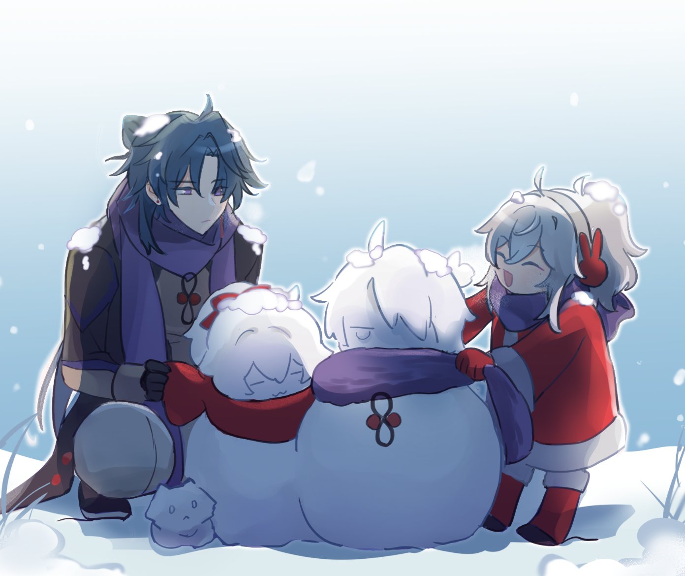 the image shows four anime characters making snowmen during the winter season. the character on the left is dressed in a purple and black outfit, and the character on the right is dressed in red and white with a red santa hat and is making a snowman with the character in the middle, who has white hair and is wearing a purple scarf. the other snowman in the image is a small, white snowman with a red hat and a purple scarf, made by the character on the left. the characters are surrounded by snow. the art style is cute and whimsical.