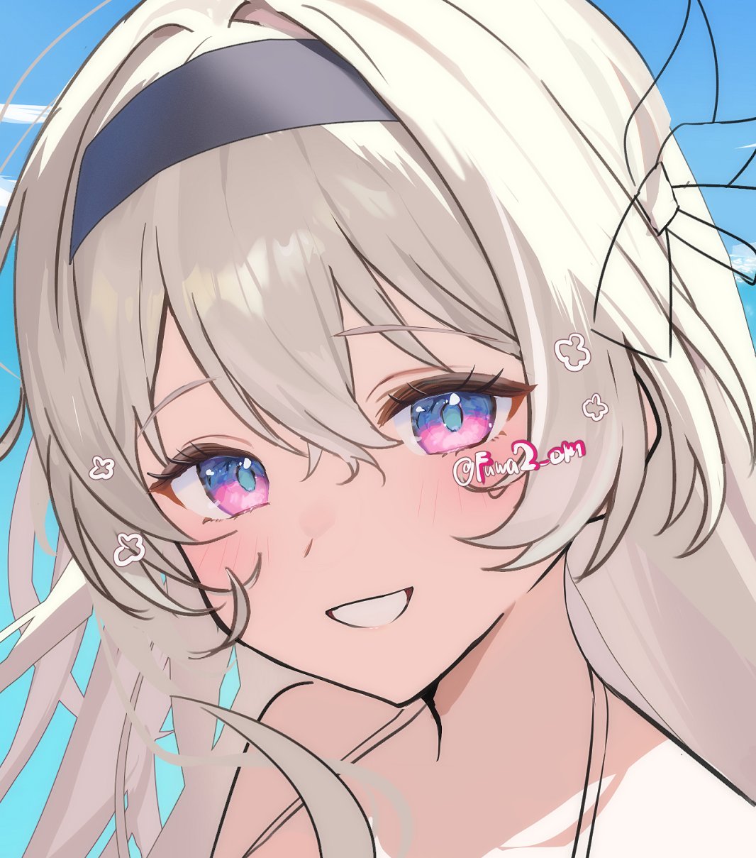 he image shows a closeup portrait of an anime girl with long, blonde hair. she has large, expressive blue eyes with pink highlights, and rosy cheeks. she's wearing a darkcolored headband and appears to be smiling gently.  the style is soft and pastel, with a light and airy feel, suggesting a summer or beach setting. the art style is typical of modern anime/manga fanart.  a small watermark or artist signature is visible.