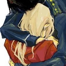the image is a digital drawing or painting in an anime/manga style.  it depicts a closeup view of two individuals embracing. one, with long blonde hair, is visibly distressed and has their face buried in the shoulder of the other, whose hair is dark and partially obscured. the person with blonde hair is wearing a red garment, while the other is wearing a dark blue jacket with gold detailing. the overall mood is one of sadness, comfort, and intimacy. the art style is loose and expressive, with visible brushstrokes giving it a somewhat painterly feel. the focus is on the emotion conveyed through the body language and the embrace.