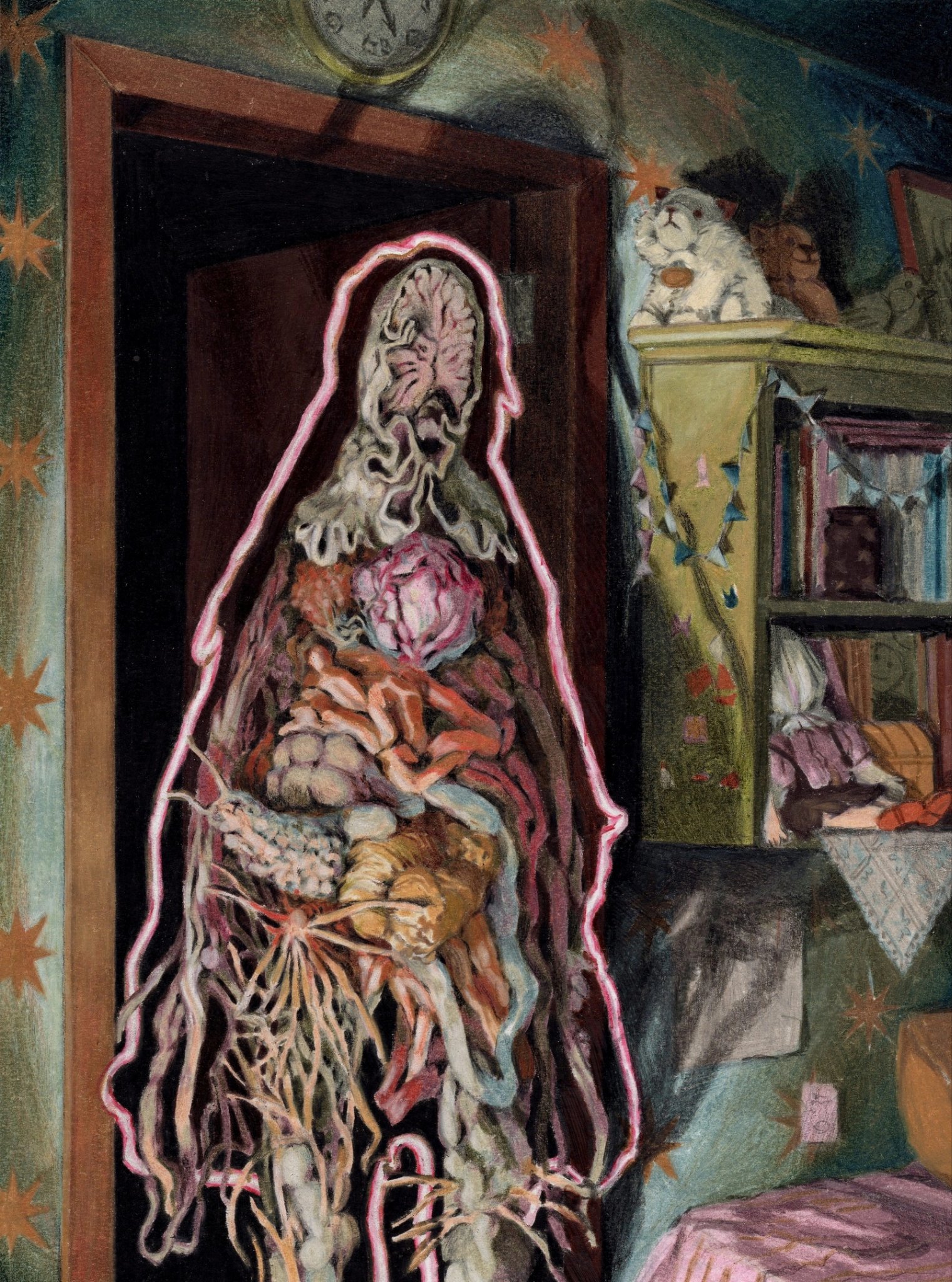 the painting depicts a surreal and unsettling scene. the central figure is a humanoid form seemingly composed of a multitude of internal organs and fleshy textures, giving a visceral and grotesque impression. this figure is outlined in a neon pink glow, contrasting with the dark, dimly lit setting of a child's room.  the room features a bookshelf filled with books and a collection of toys, including a white stuffed animal perched on a shelf. the overall atmosphere is dark and mysterious, suggestive of a dreamlike or nightmarish state. the artist's technique emphasizes detail and texture, creating a strong visual impact. the style blends elements of surrealism and perhaps a touch of expressionism, evoking feelings of unease and fascination.  the composition is tightly framed, focusing the viewer's attention on the central figure and its unsettling anatomy.