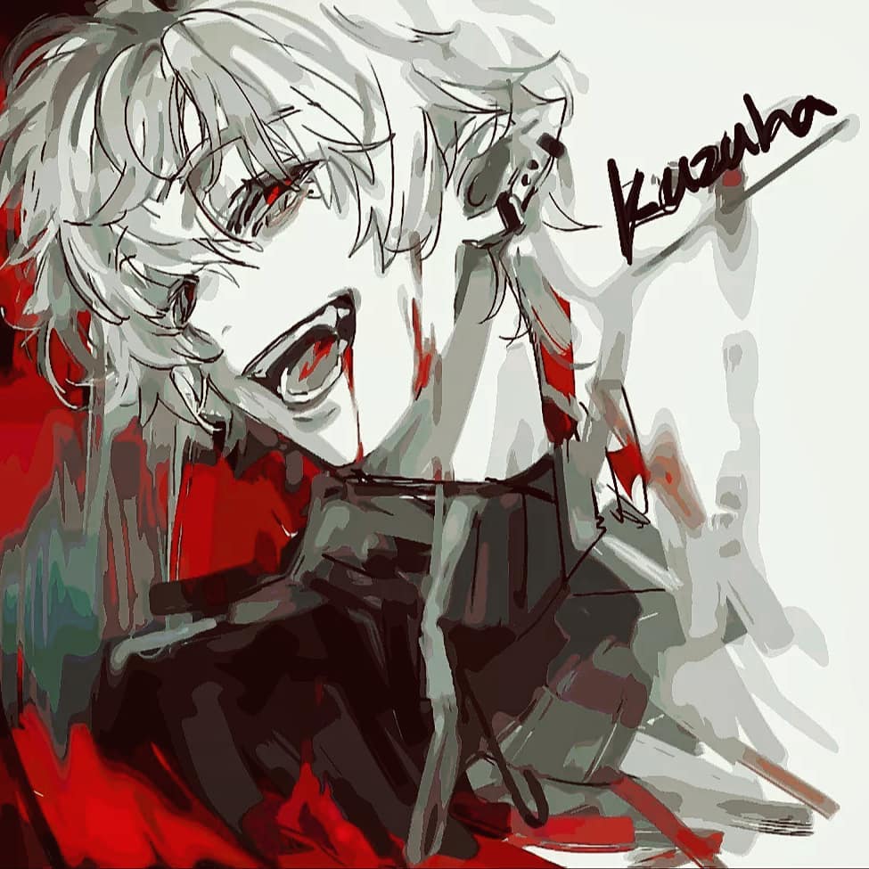 the illustration showcases a stylized portrayal of "kazuha," a character from the video game "genshin impact," reimagined in a darker, perhaps vampireinspired aesthetic.  he is depicted with white hair, piercing red eyes, and a chilling smile revealing fangs. blood stains his mouth. the art style is expressive and painterly, utilizing bold strokes of black, red, and white to create a sense of movement and intensity. the background is abstract and predominantly red, further enhancing the dramatic atmosphere.